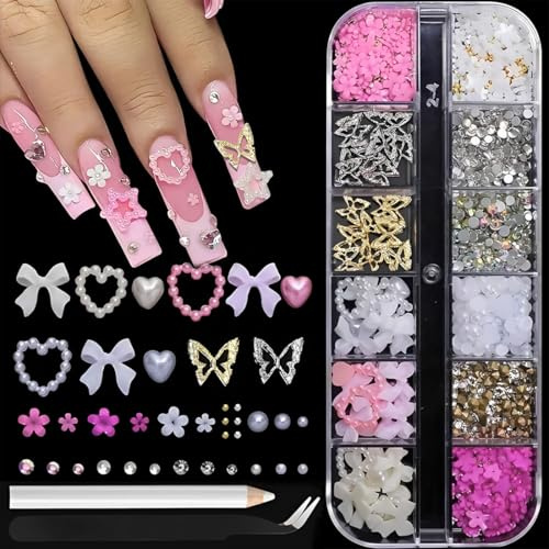 LEPGUYO 12 Pezzi Kit Charms Unghie, 3D Farfalla Argento/Oro, Perla Cuore Fiore, Cera Strass & Applicatore, Decorazioni Nail Art Donna