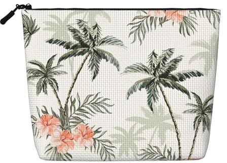 Tropical Palm Trees Portable Cosmetics Case Fake Hemp, Large Makeup Bag Water Resistant Travel Toiletry Pouch