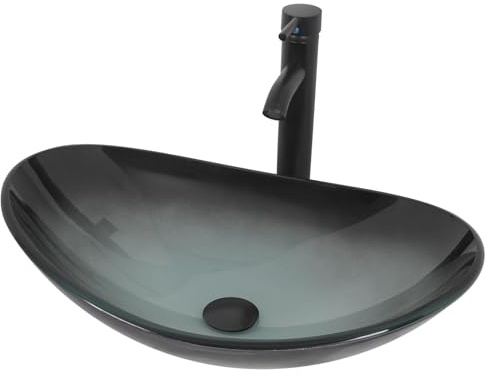 ARTETHYS Bathroom Sink, Countertop Wash Basin, Glass Vessel Washing Bowl Set with Tap, Cabinet Counter Top Sink with Faucet Pop-up Drain and Water Pipe for Vanity Cabinet Cloakroom, Slate Grey