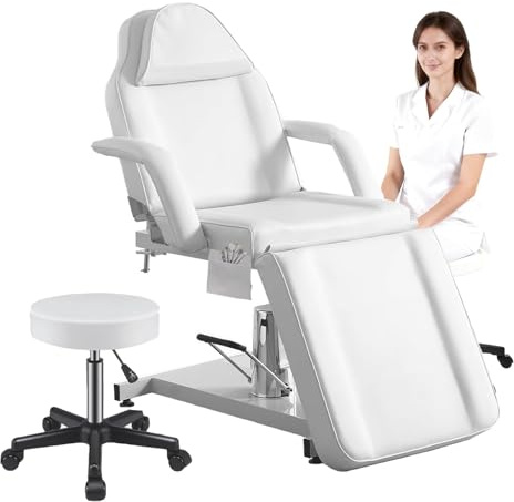 KernGut Hydraulisches Massagelieg 360°Drehbare Tattooliege Kosmetikstuhl höhenverstellbare Kosmetikliege Zubehör Removable Armrests Headrest Hocker & Bettwäsche (Weiß)