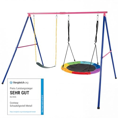 COSTWAY Set Altalena da Giardino Bambini, Struttura di Metallo (Rosso+Blu) | con 1 Sedile in EVA Morbido e 1 Altalena Nido, Capacità 300 kg, per Giardino Parco Giochi