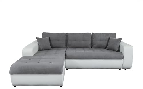 LOUNGITUDE - Suzie - Canapé d'angle - Convertible - 4 Places - Revêtement capitonné - Simili/Microfibre - Gris/Blanc - Angle Gauche - L246cm
