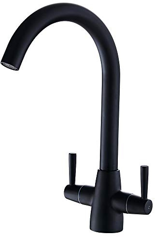 Heable Matte Black Kitchen Mixer Tap Dual Lever Swivel Spout Brass Sink Taps with UK Standard Fittings