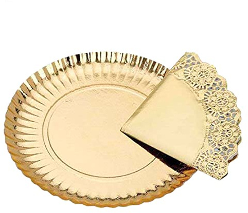 Vassoio in cartone dorato rotondo con bionda, diametro 38 cm, per torte riciclabili con pizzo di carta, speciale per feste o celebrazioni, presentazione di dessert