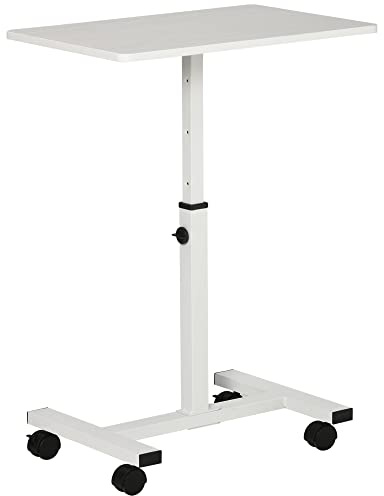 HOMCOM Tavolino da Divano Laterale Porta PC con Altezza Regolabile e Ruote, Supporto Computer per Casa e Ufficio, 60x40x52.5-84cm Metallo e Legno, Bianco