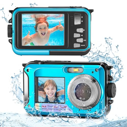 Krovtoy Cámara Acuatica Cámara Digital a Prueba de Agua,Full HD 2.7K 48MP Sumergible Zoom Digital 16X Acuatica Niños Duales antivibración para bucear con esnórque