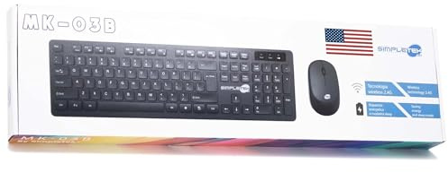 SIMPLETEK - Kit Mouse & Tastiera Nera Wireless 2.4G Layout USA | American US Keyboard QWERTY | Tastierino Numerico Mouse Ergonomico 3 Tasti Ricevitore USB