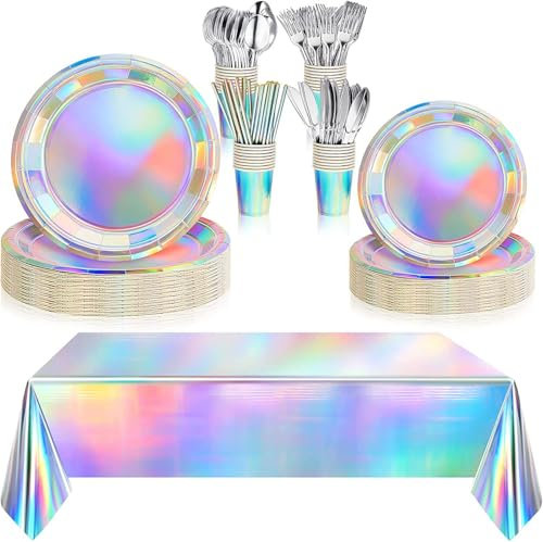 XIXIMENG 129Pcs Partygeschirr Buntes Silber Laser Thema Party Tischdecke, Kindergeburtstag Hochzeit Dekoration, Wiederverwendbar regenbogen deko für 16 Personen