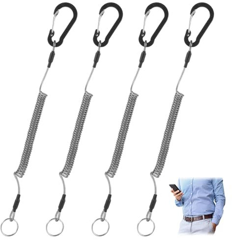 Tyqour 4pcs Black Heavy Duty Fishing Lanyard, Retractable Safety Spring Coil Keychain for Keys Wallet Cellphone,Tpu Tool Lanyards for Hand Tools with Alloy Carabiner and Split Ring for Fishing Tools