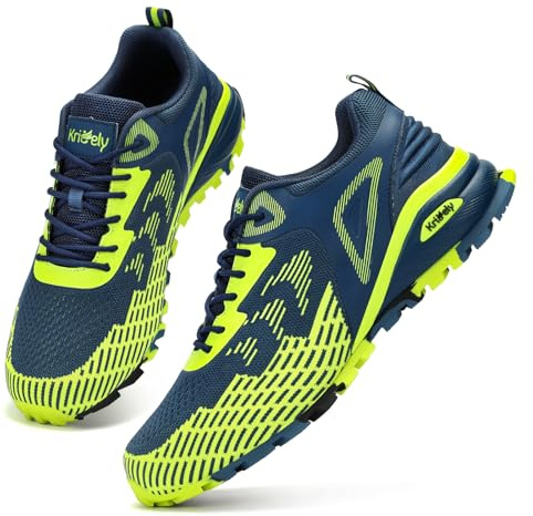 Kricely Men's Trail Running Shoes Non Slip Hiking Trekking Shoes Cross Training Tennis Shoes Breathable Fashion Sneakers Lightweight Workout Footwear Outdoor Gym Jogging Blue Green Size 11.5