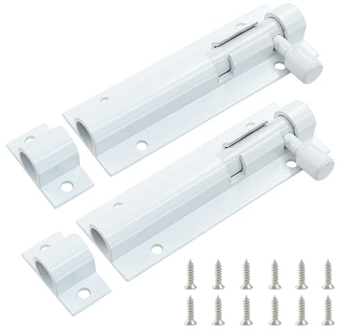 Cjueiom Paquete de 2 pernos de bloqueo de puerta, 75 mm, color blanco, resistente, cerradura deslizante con tornillos para dormitorio, baño, cobertizo, puerta de jardín