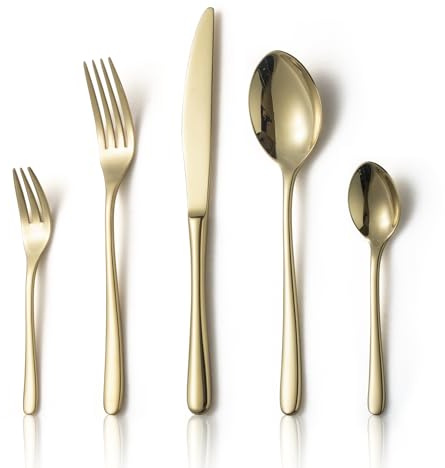 Alata Vienna 18/10 Edelstahl Poliert, Besteck Set 6 Personen Champagner Gold, Essbesteck 30 teilig, Glänzend, Spülmaschinenfest
