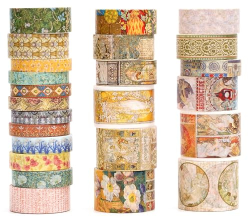Songdao 24 rollos Vendimia Washi Tape Set, Cinta Adhesivo Decorativo Masking Tapes para Artes, Bullet Journal, Scrapbooking, Bricolaje (1 sueños renacentistas)