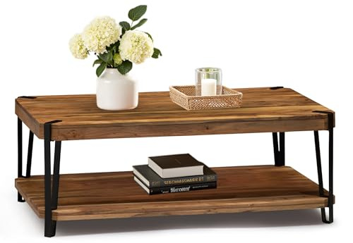 Ryegate 48 Live Edge Wood Coffee Table – Solid Acacia with Metal Frame, Industrial Modern Design, Rustic Rectangle Table with Clear Finish for Living Room or Lounge by Alaterre Furniture