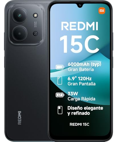 XIAOMI Redmi 15C - Smartphone de 4+256GB, Cámara Dual con IA de 50 MP, Pantalla inmersiva de 6,9 120 Hz, Potente procesador octacore, Carga rápida de 33W, Cargador no Incluido, Negro (Versión ES)