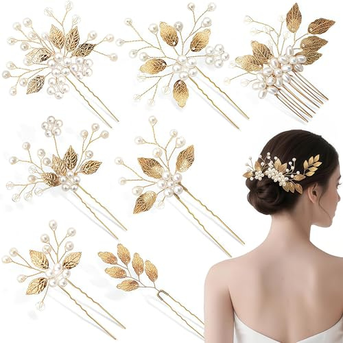 VelvetGlow 7 Pcs Gold Adornos para el Cabello de Novia, Horquillas para Mujeres y Broches con Cristal y Perlas, Accesorios para Niñas de Flores, Horquillas para Novias, Damas de Honor y Niñas