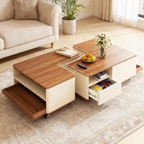 HavenGlide Couchtisch mit Rollen, Wohnzimmertisch Holz mit 2 Schublade, Ausgefallene Couchtische, Wohnzimmer Tisch für Couch mit Offene Fächer, Modern Living Room Table Sofatisch, Brown