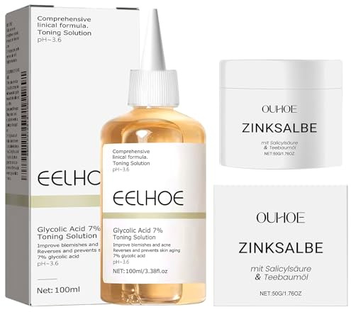 Glycolic Acid 7% Toning Solution und Zinksalbe gegen Pickel | Glycolic Acid Toning Resurfacing Solution, Zinksalbe Gesicht, Anti Mitesser, Verbessert Hautunreinheiten und Peelt