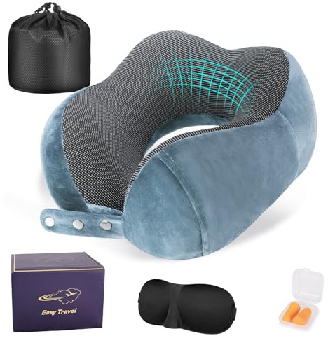 Cirorld Almohada de Viaje Cuello, Cojin de Viaje Cuello para Avión y Coche, Cojin Cervical Viaje Viscoelástica de Espuma Memoria, Ajustable y Compacta, con Máscara de Ojos, Tapones y Bolsa