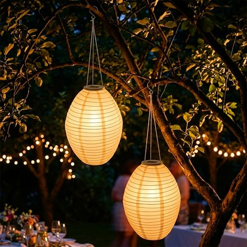 LED Solar Lampion oval 33 x 22 cm aus Nylon - 2er Set | Garten Deko Beleuchtung warm weiß - Solarleuchte Laterne Leuchtkugel Dekoleuchte Partylicht für Außen wetterfest