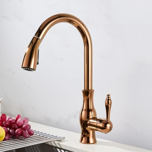 Wasserhahn für Küche Ausziehbar Schwenkbar 2 Strahlarten Spülbecken Armaturen Ausziehbar Messing-Roségold
