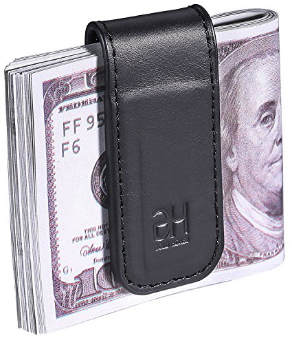 GH GOLD HORSE Slim Magnetic Money Clip Genuine Leather Business Card Holder for Men (Black)