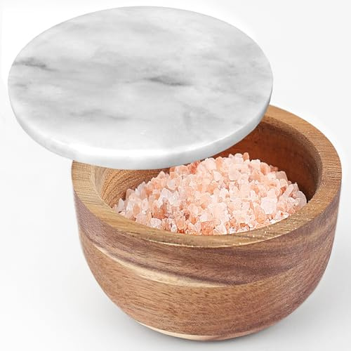 jalz jalz Holz Salz Box Gewürzdose Gewürzbehälter Massiv Natur Akazie Boden Marmor Deckel Elegant Design Deko Boxen