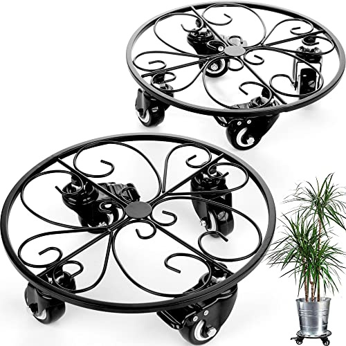 12” Metal Plant Stand with Wheels (2 Pcs) for Heavy Potted Plants for Easy Moving, Flower Pot Trolley Caddy, Planter Movers