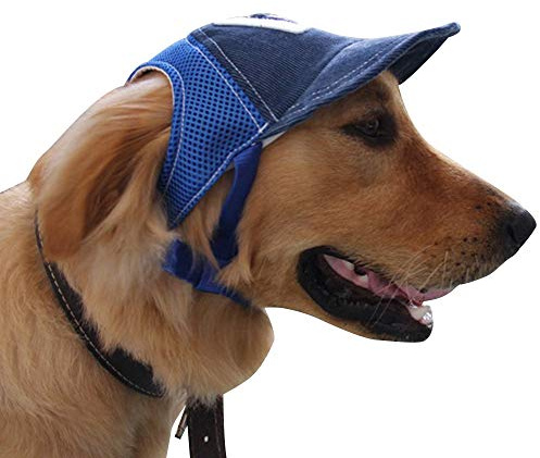 alivoda Hundekappe, verstellbare Sonnenmütze mit Ohrlöchern, Kinnriemen, für Hunde und Katzen, Größe L, Blau