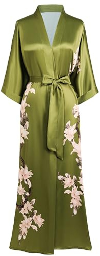 BABEYOND kimono rock täcka långt blommigt satin nattkläder silkeslen badrock ungkarlrock, Oliv, one size