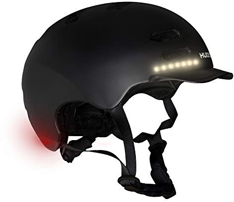 Hudora, casco da skater, per ragazzi e adulti, taglia S, con luce a LED, casco da bicicletta con luce lampeggiante per auto e regolazione su misura, nero, S (53-55 cm)