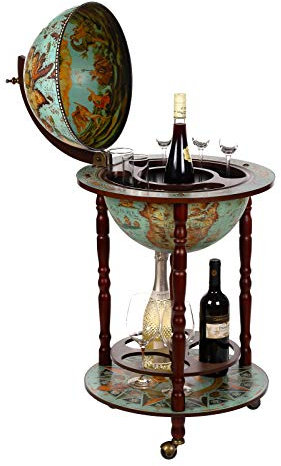 Edler Barwagen 36001 Blau, mit massiven Eukalyptusholz Säulen, geöffnet 103 cm hoch und 47 cm breit, antike Weltkugel Globusbar, Bartisch, Hausbar, Barwagen, Weltkugel, Cocktailbar, Dekobar, Tischbar