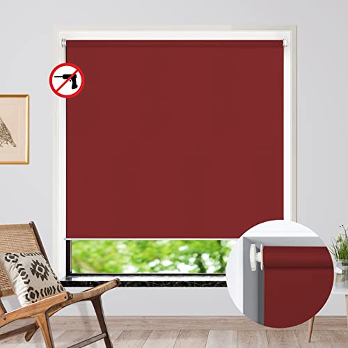 No Drill Inside Mount Blackout Roller Shades, Red Custom No Tools Tension Window Blinds, Easy Install Waterproof Blinds for Windows, Doors