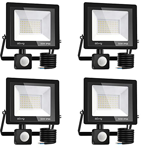 Blivrig 4 Pièces 50W Projecteur LED Extérieur avec Détecteur de Mouvement, Blanc Froid 6000K, 5000LM Spot LED Extérieur avec Capteur, IP66 Etanche Spot Lumiere pour Jardin Terrasse Garage