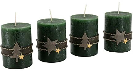 Adventljus med motiv – set om 4 – rustik yta – ljus/stubbljus för julkrans/adventkrans – jul (jägargrön, höjd 8 cm/Ø 6 cm)