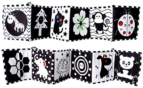 Surakey Babybuch Stoffbuch Schwarz Weiß ab 0 Monate, Babys Stofftuchbücher mit Tieren,Hohe Kontraste Sound und Fühlbuch Knisterbuch Babybücher,Bilderbuch Babyspielzeug Kinderwagenspielzeug Geschenk