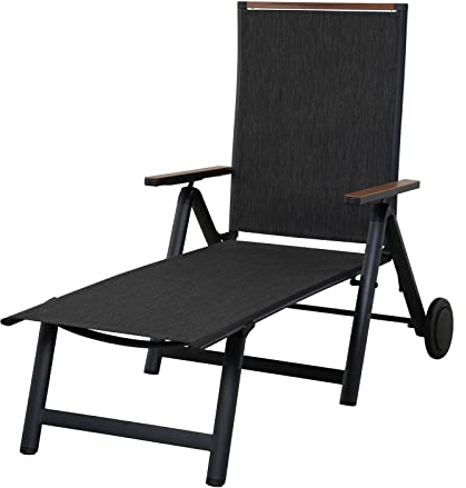 Grand patio Tumbona Plegable con 2 Ruedas, Portátil, Tumbona de Jardín 6 Respaldos Ajustables de Aluminio, Tumbona Textilene para Exteriores, para Playa, Patio, Piscina, Césped, Cubierta (Negro)