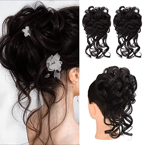 HOOJIH Messy Bun Hair Piece, 2PCS Tousled Updo with Tendrils Hair Bun Extensions Wavy Curly Hair Wrap Ponytail Hairpieces Thick Hair Scrunchies for Women HB010 Dasiy - Black Brown