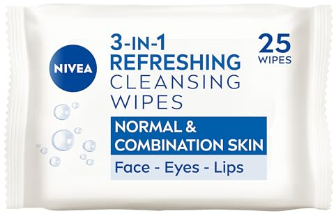 NIVEA 3in1 Refreshing Cleansing Wipes Normal Skin and Combination Skin (25 sheets), Plant-Based Makeup Remover, Gentle Yet Effective Makeup Removal