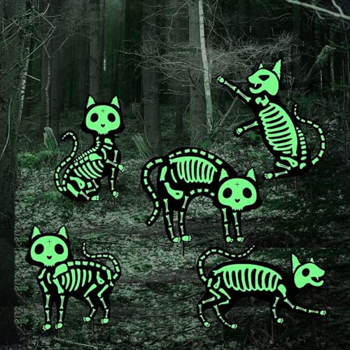 5 Pack Halloween Scary Glow in the Dark Black Cat Yard Signs with Stakes | Spooky Halloween Cat Skeleton Outdoor Lawn Signs for Yard Garden Holiday Decorations