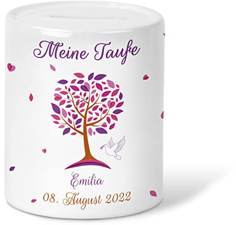 GRAVURZEILE Spardose für Kinder - im Lebensbaum Design - Personalisiert mit Name & Datum - Geschenk für Jungen & Mädchen zum Geburtstag Kommunion Geburt Einschulung Weihnachten - Farbe Rosa