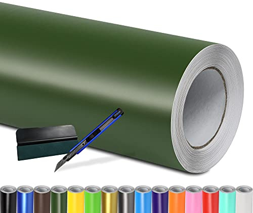 Folindo Autofolie Dunkel Grün Matt (6€/m²) - 12 x 1,52 m – Selbstklebende Auto Lackschutzfolie mit Luftkanal Technik – Blasenfreie Auto Folierung inkl. Rakel & Cutter – Car Wrapping Folie