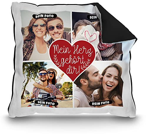 Print Royal PR Kissen mit Füllung - Fotocollage selbst gestalten mit Spruch - Mein Herz gehört dir - mit Vier eigenen Fotos - Geschenkidee Fotokissen | Farbkissen Rückseite Schwarz, 40 x 40 cm