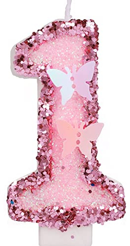 2.95 Inch Birthday Number Candles, Glitter Pink Number Candles Cake Topper Butterfly Birthday Candles with Sequins for Anniversary Celebrations Supplies (Number 1)