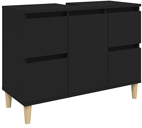 vidaXL Meuble d'Évier, Armoire de Lavabo avec Compartiment et 4 Tiroirs, Meuble sous Lavabo avec Pieds Salle de Bain, Scandinave, Noir Bois d'Ingénierie