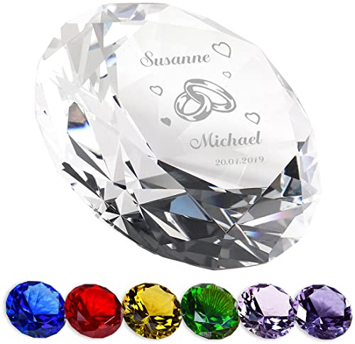 polar-effekt Deko-Stein Glas Diamant mit personalisierter Gravur - Hochzeitsgeschenk für Ehepaare - der perfekte Briefbeschwerer - passend zum Jahrestag und Hochzeit - Motiv Trauringe