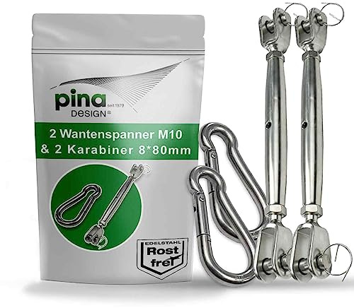 Pina DESIGN seit 1979 - Sonnensegel Befestigungset aus V4A Edelstahl | Set aus M10 Wantenspanner & 80mm Karabiner | Robuste Befestigung für Sonnensegel, Abdeckplane, Drahtseil oder Tarp (2 Paar)
