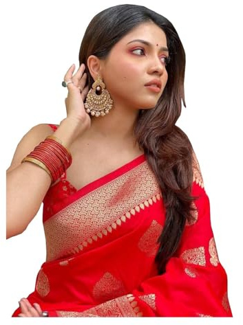 Yashika Sari Jacquard Banarasi Kanjivaram para mujer, rojo, Talla única