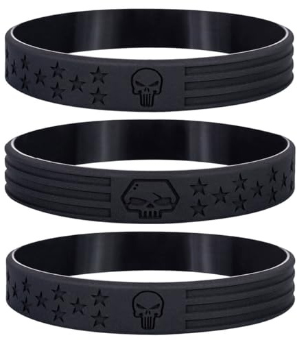 Sainstone Police Bandits Skull American Flag Silicone Bracelets, Thin Blue Line Motivational Wristband Gifts for Police Cops, Patriots, USMC, Men Women (Black)