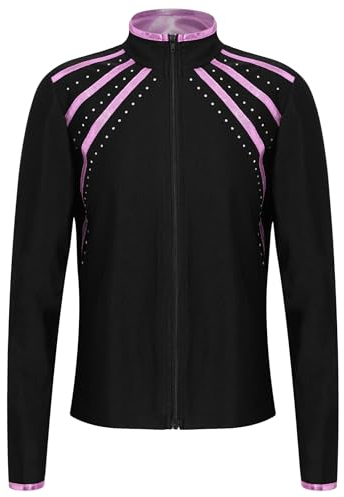 FEESHOW Kinder Mädchen Eiskunstlauf Jacke Glitzer Mit Strass Langarm Eiskunstlauf Sportjacke Slim Fit Eislauf Oberteile Thermojacke Top Rosa_B 122-128